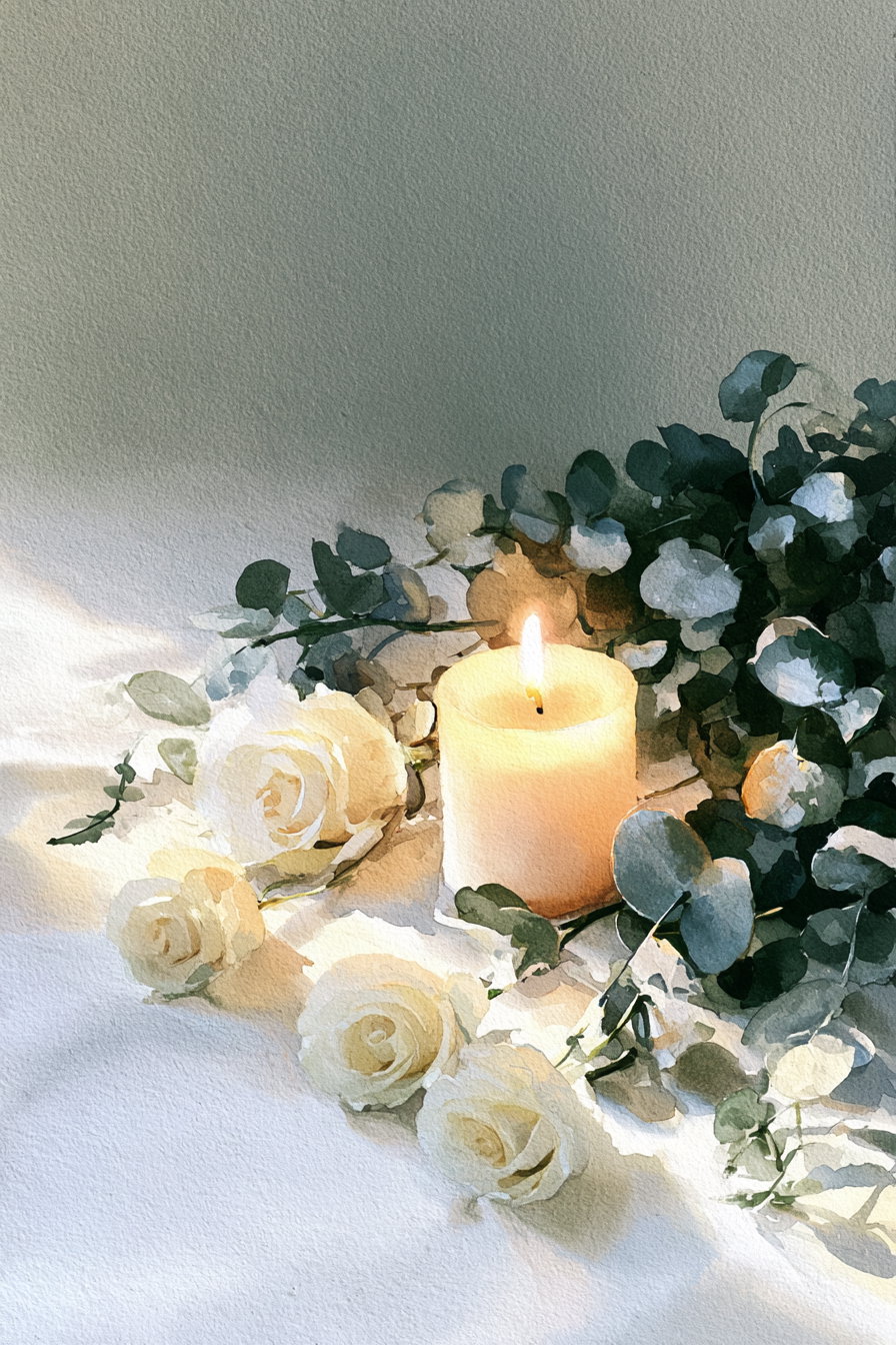 A lit white candle surrounded by white roses and green leafy branches on a white fabric surface, with soft shadows and gentle lighting.