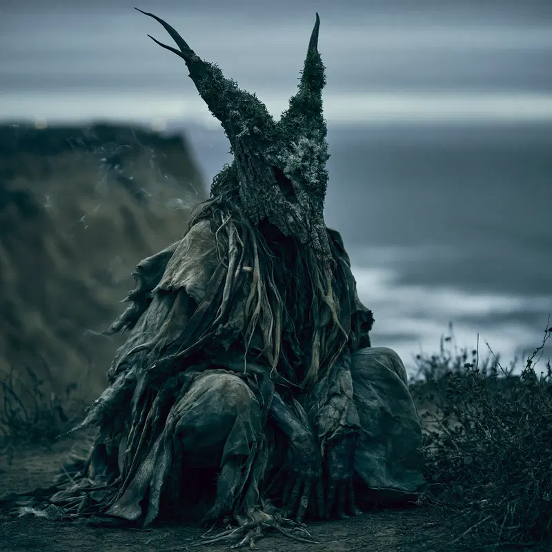 Eerie figure in tattered robes and a twisted horned mask by the coastline