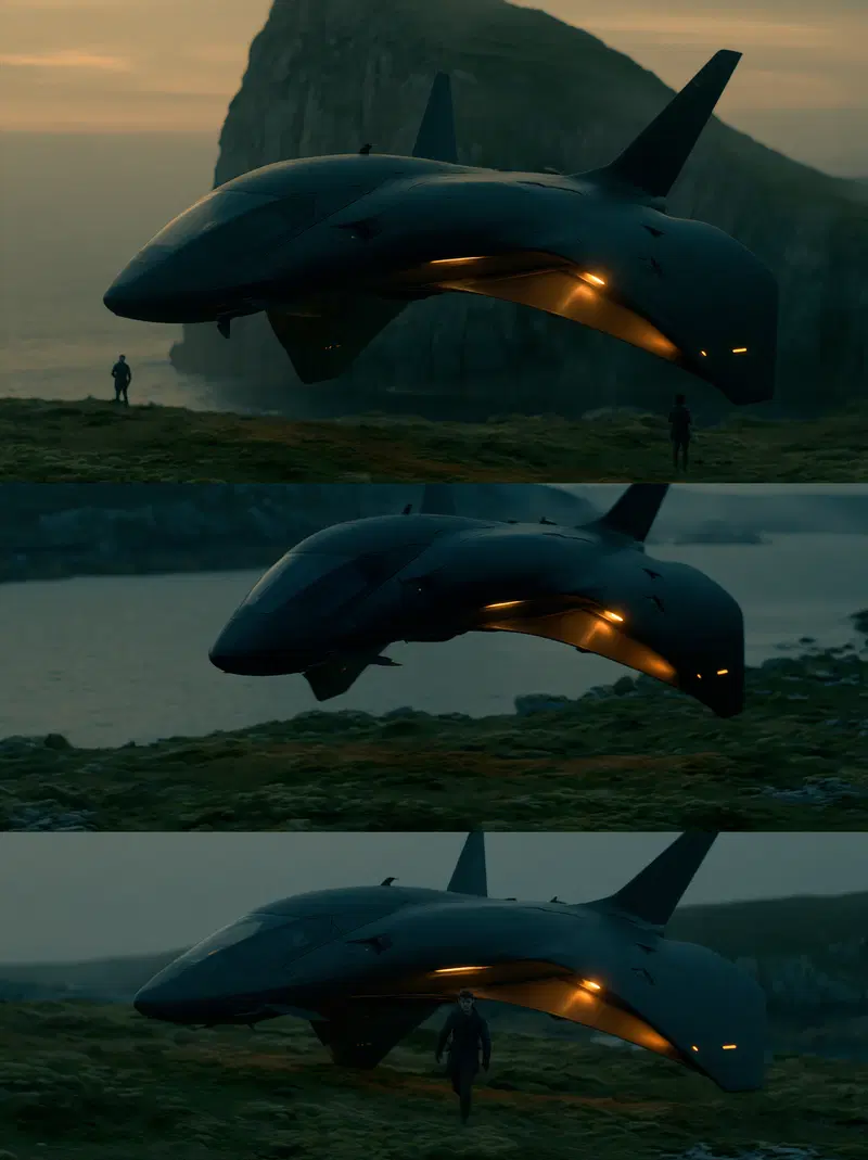 Futuristic sleek black spaceship in a coastal rocky landscape at dusk