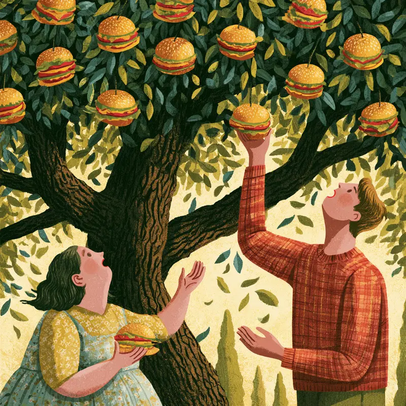 Surreal illustration of people picking and eating hamburgers growing like fruit from a tree