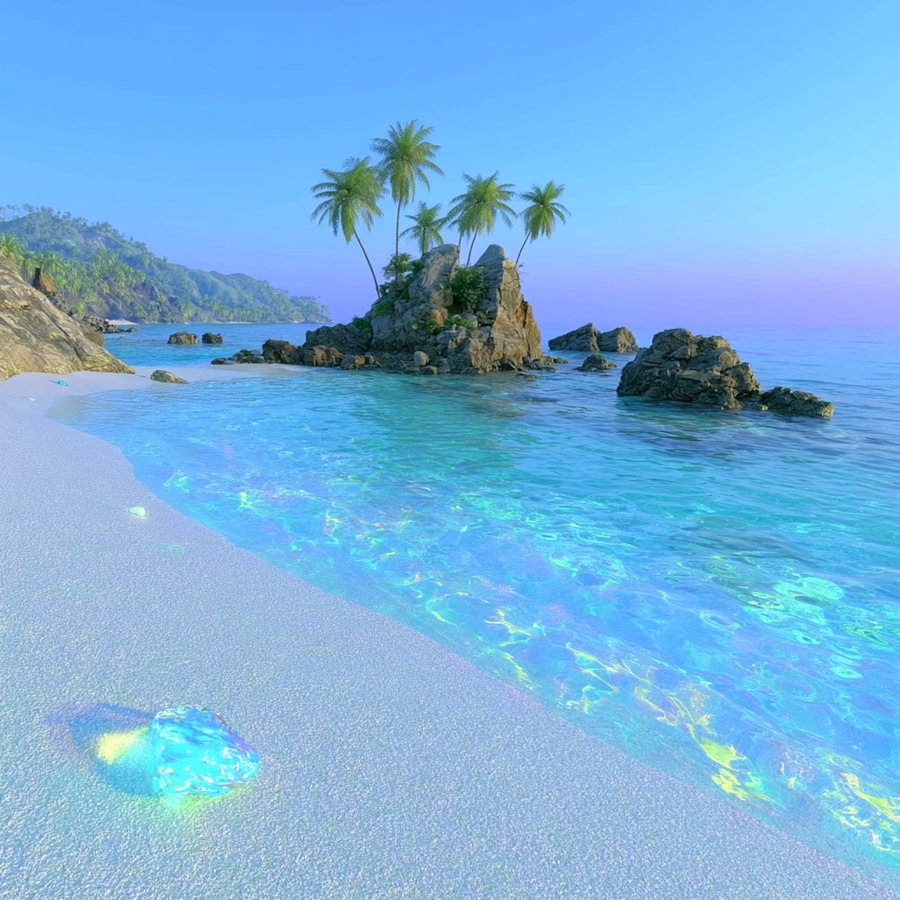 A tranquil beach scene with transparent turquoise ocean water, white sandy shore, rocky outcrops, and palm trees growing on a rock formation under a clear blue sky.