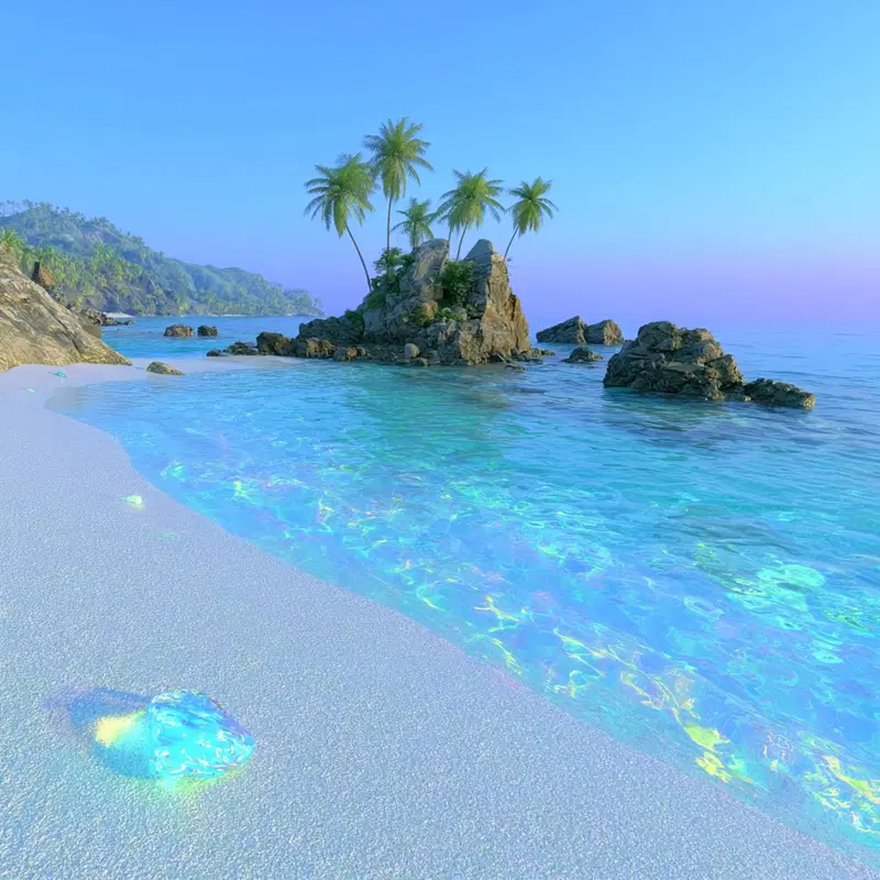 Crystal clear ocean water with palm tree rocks on a serene sandy beach