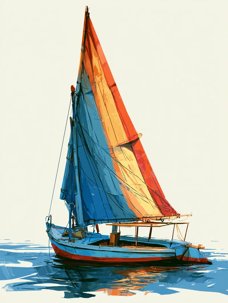 Colorful sailboat with vibrant sails floating on calm ocean waters