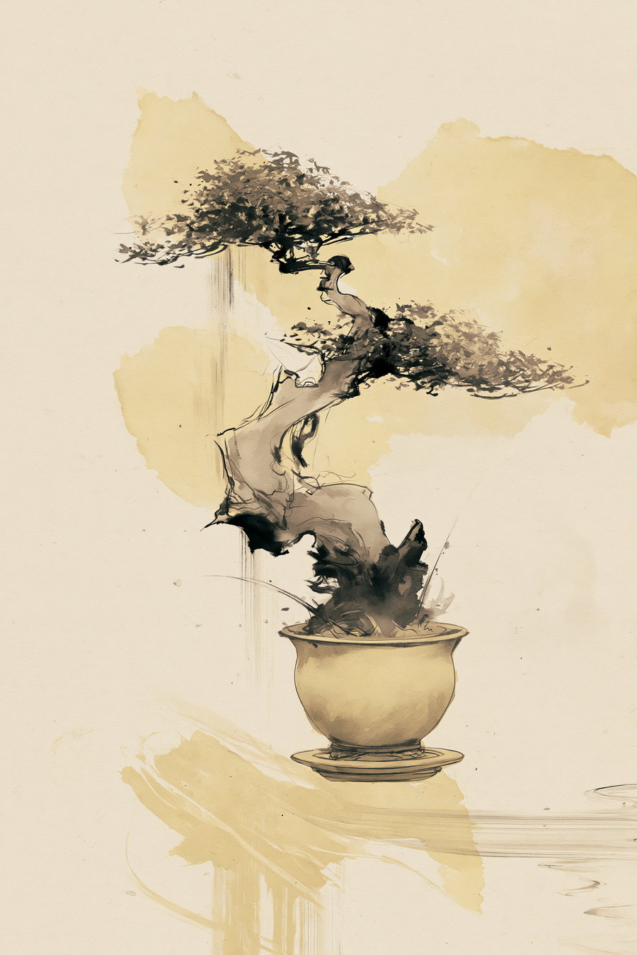Ink and wash art depicting a twisted bonsai tree in a pot with abstract ink splashes on a beige background