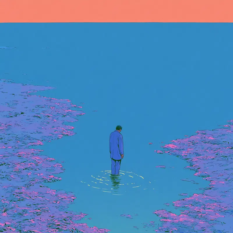 Surreal image of a person standing alone in blue water surrounded by purple terrain