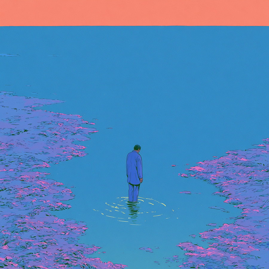 A person in a blue outfit standing in shallow blue water with ripples, flanked by purple rocky or floral terrain under an orange sky.