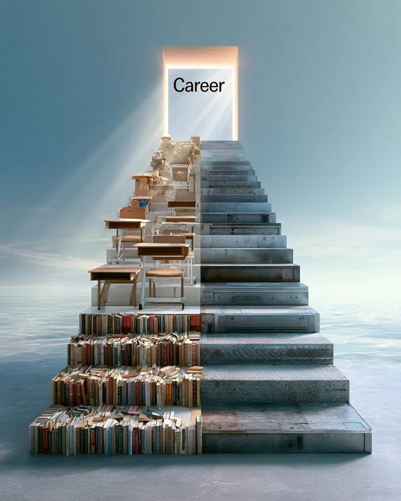 Staircase symbolizing the journey from education to career success with books and desks