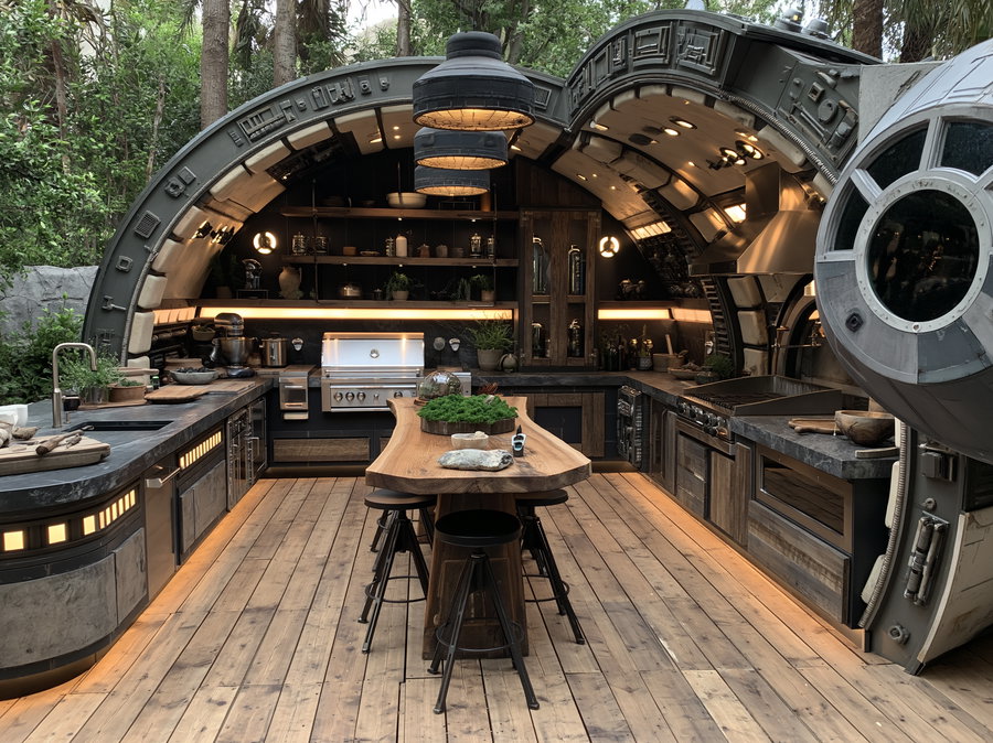 A kitchen interior designed to look like a spaceship, featuring metallic curved walls, shelves with jars and plants, a wooden floor, a central wooden table with black stools, and warm lighting accents.