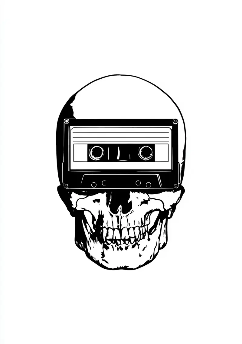 Black and white illustration of a skull with a cassette tape replacing the eyes