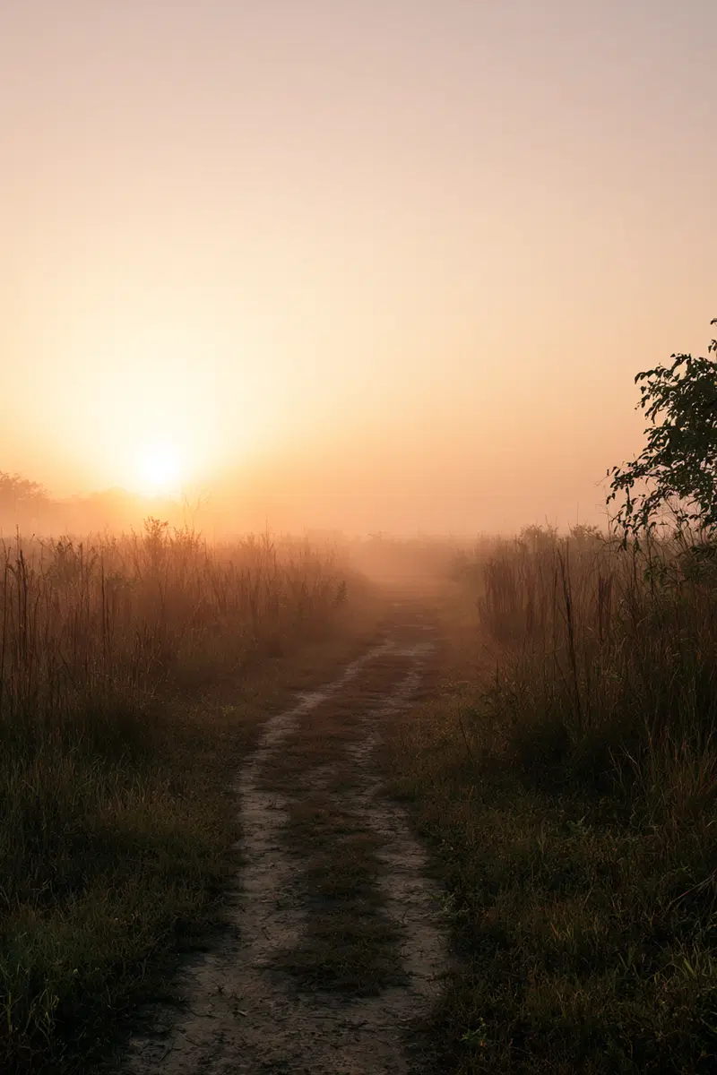 A misty sunrise illuminating a dirt path through tall grass and vegetation
