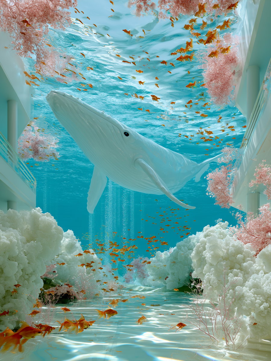 A large white whale swimming in a spacious submerged building filled with coral reefs and numerous orange fish, with blue water and light filtering down