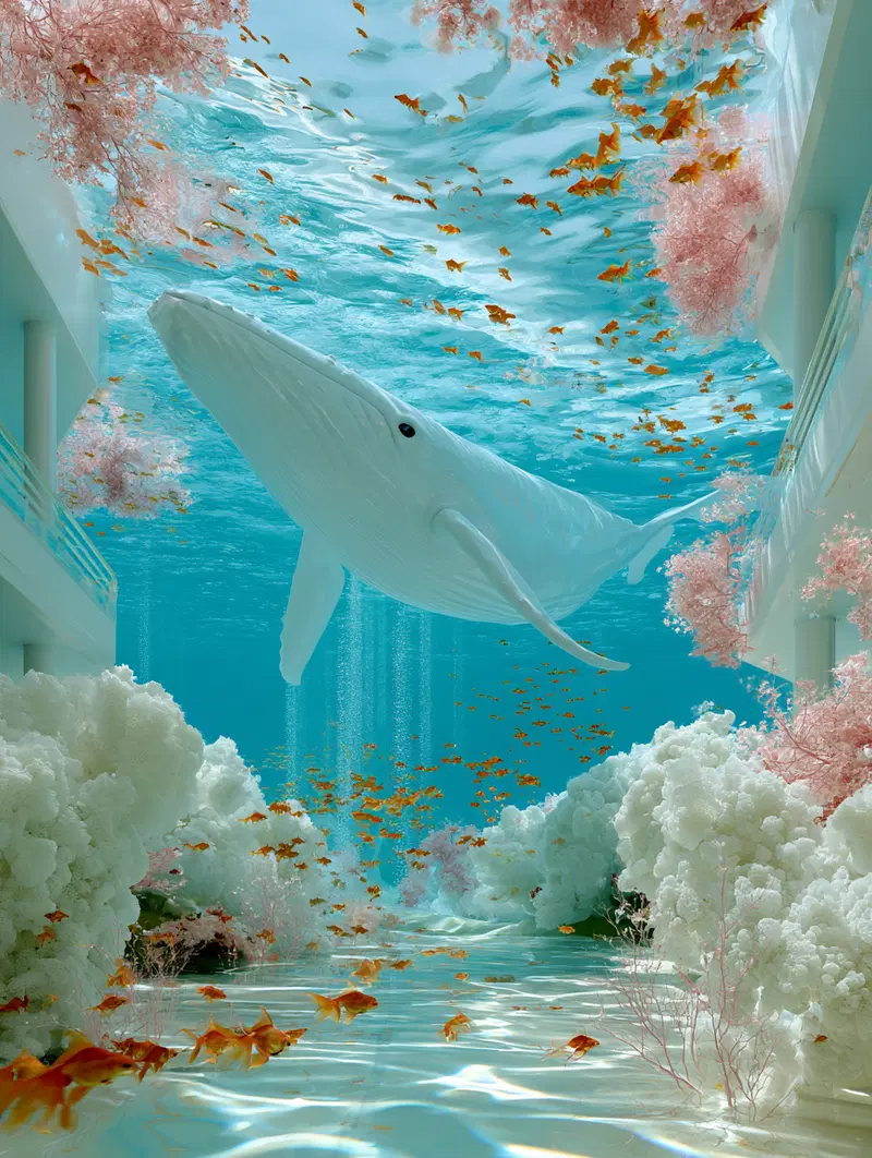 Surreal underwater scene with a whale swimming inside a submerged building surrounded by coral reefs and orange fish