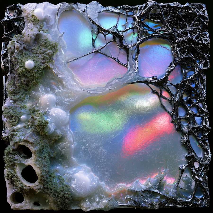 Close-up of a textured abstract surface featuring translucent material with iridescent rainbow-like colors, mossy green patches, white spheres, and black veiny structures