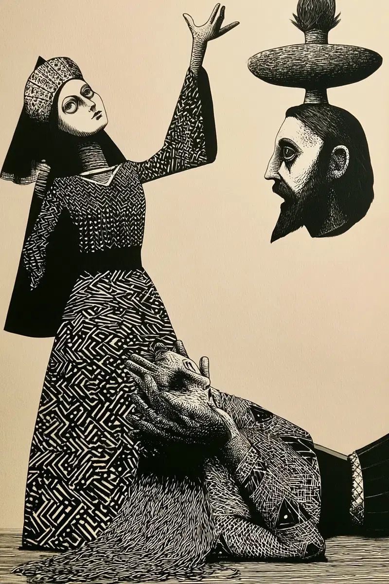 Surreal black and white artwork featuring a woman, a bearded face, and clasped hands