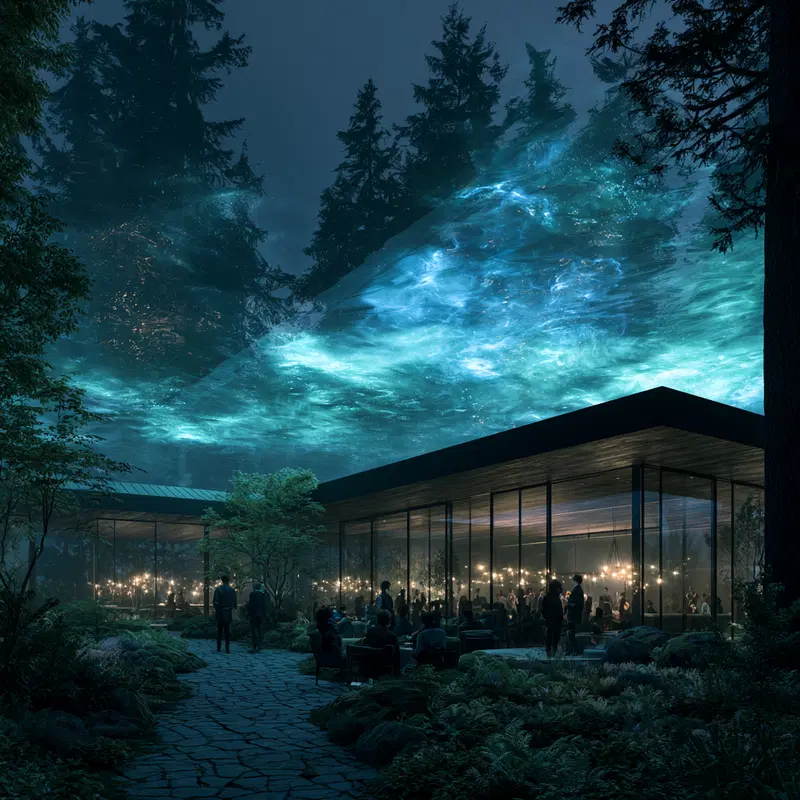 Modern glass pavilion nestled in a lush forest under a magical glowing night sky