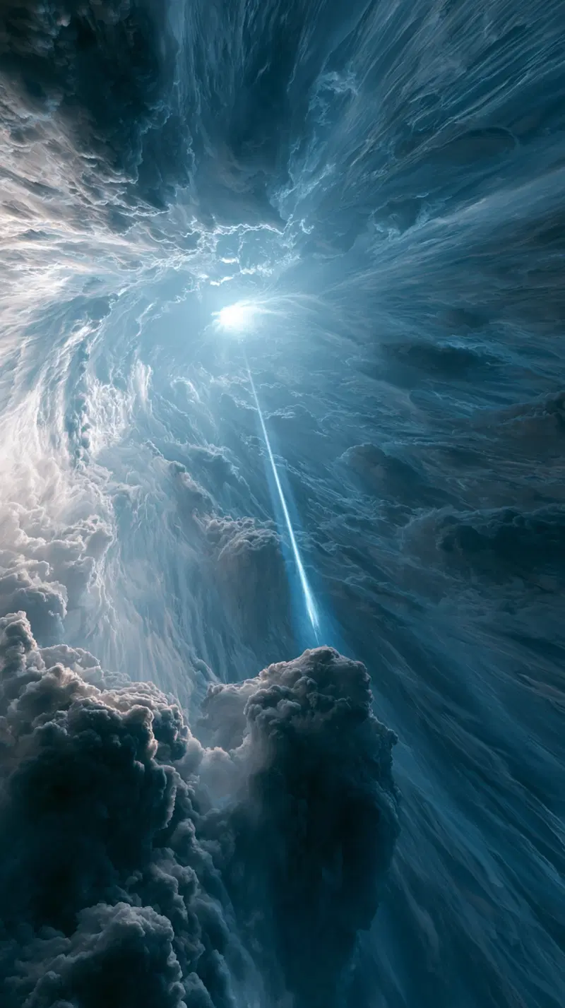 Surreal luminous cosmic scene with light beam and swirling clouds
