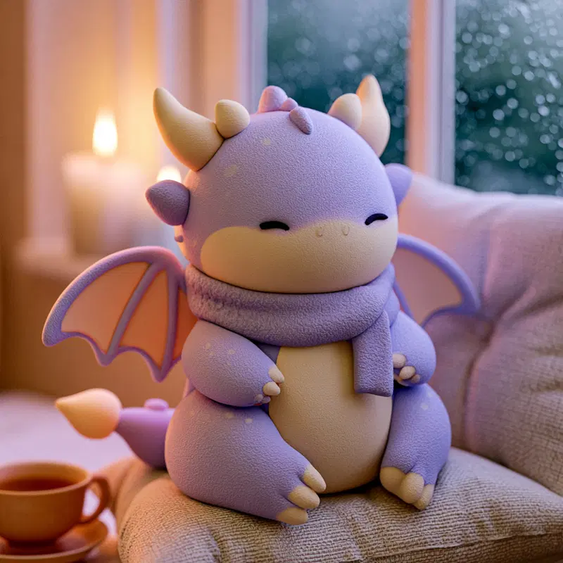 Cute and cozy purple dragon plush sitting on a cushioned sofa by a window