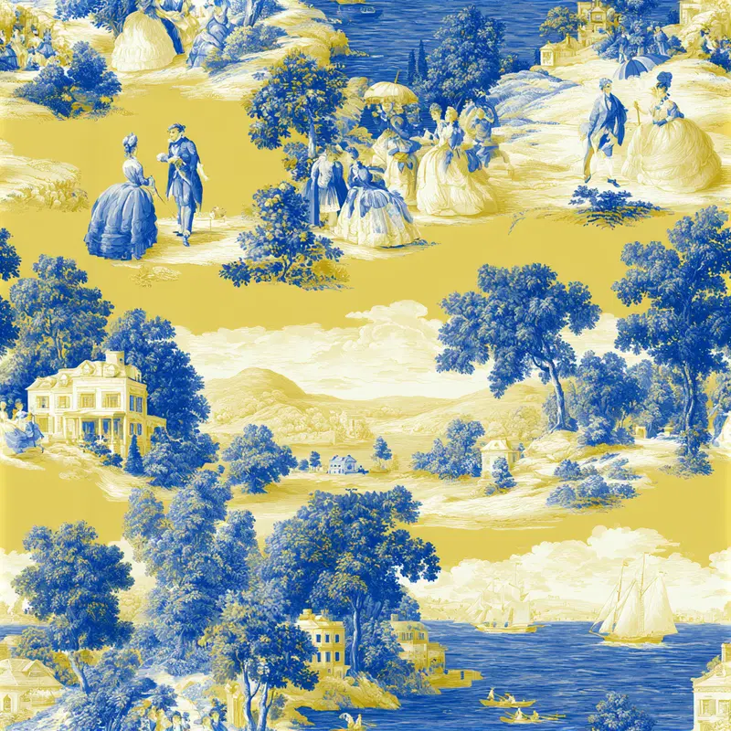 Vintage scenic design featuring blue and yellow pastoral and social scenes