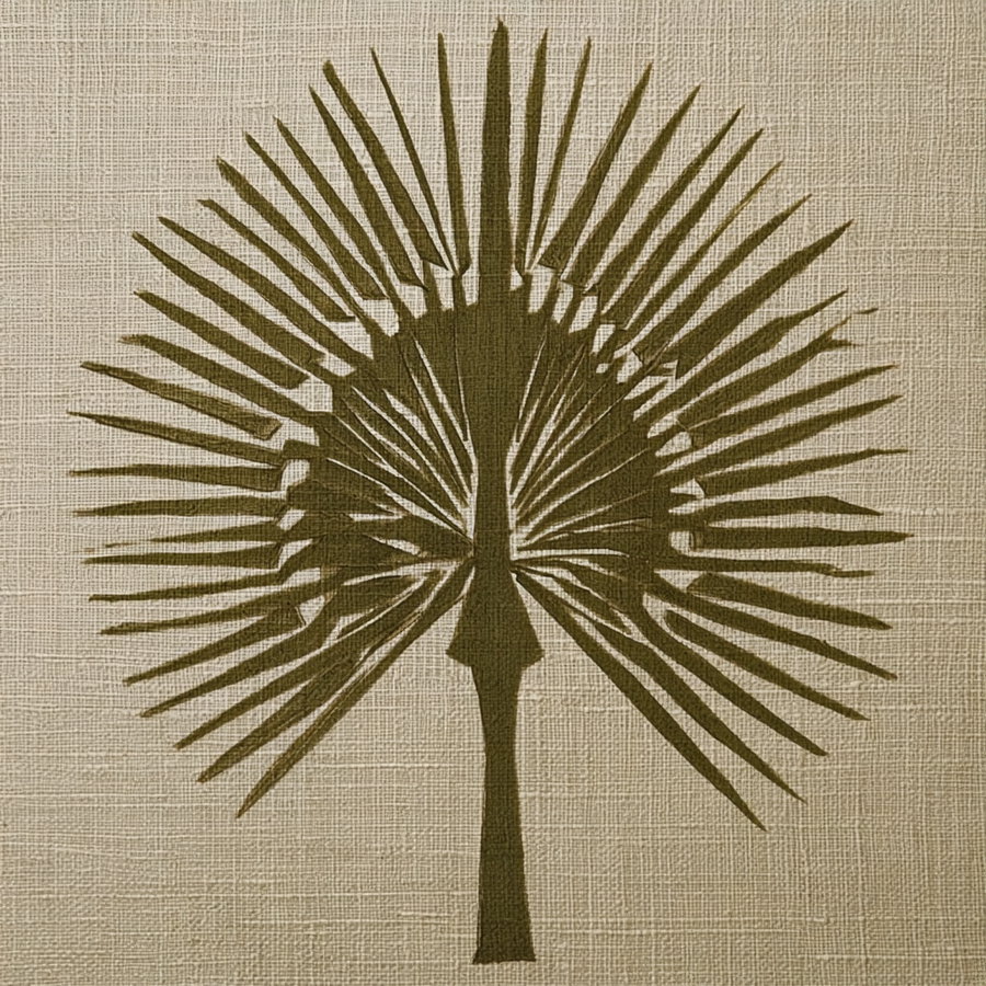 A stylized abstract image resembling a fan-shaped palm leaf with radiating lines, set against a beige, textured surface.