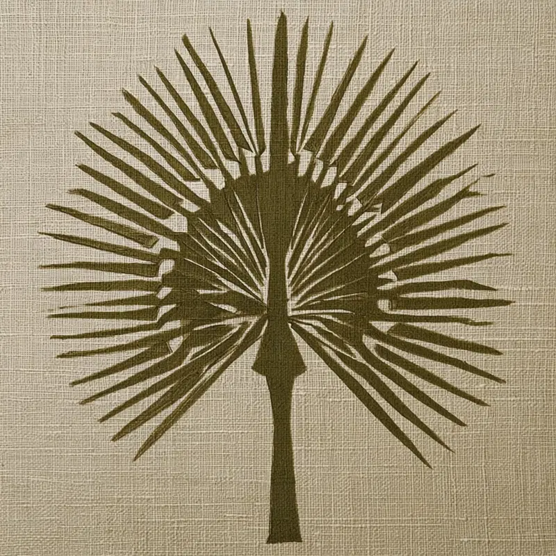 Artistic abstract design resembling a fan-shaped palm leaf on textured background
