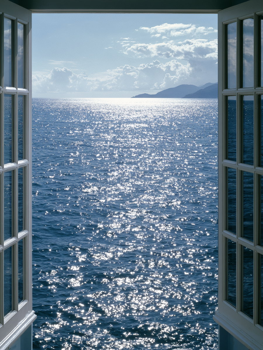 Open white-framed window showing bright sunlight reflecting on blue ocean water with distant land and cloudy sky