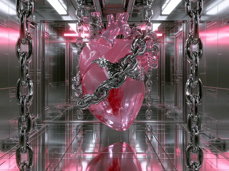Surreal digital artwork of a translucent anatomical heart chained in a reflective metallic room