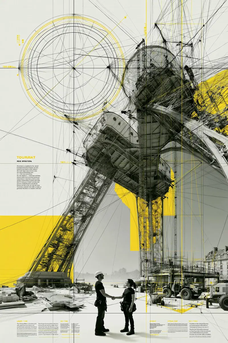 Futuristic industrial structure with two engineers shaking hands on site