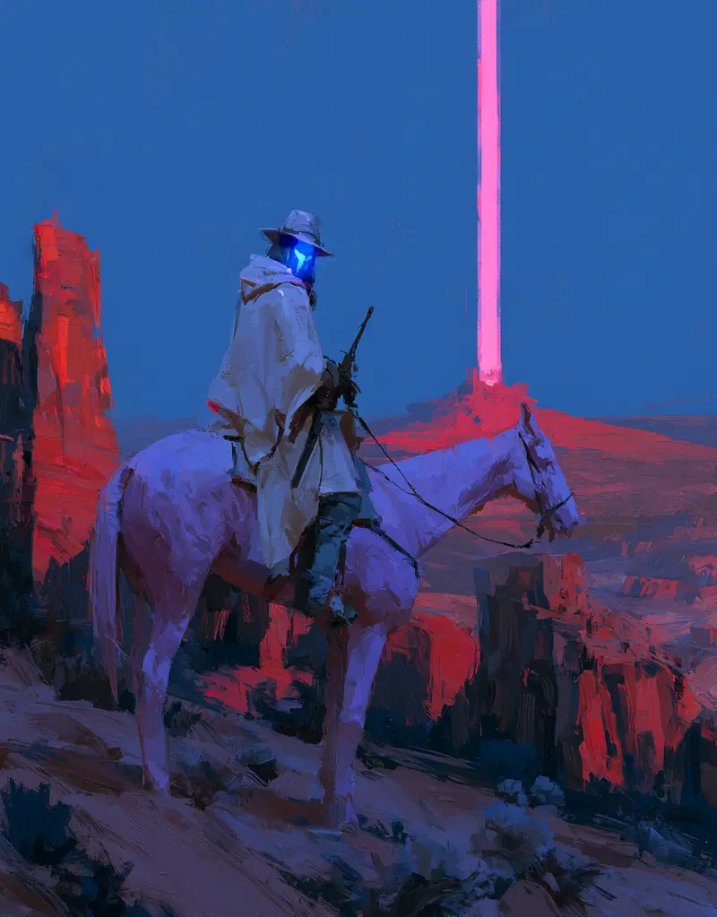 Masked figure on horse overlooking glowing red canyon with neon pillar