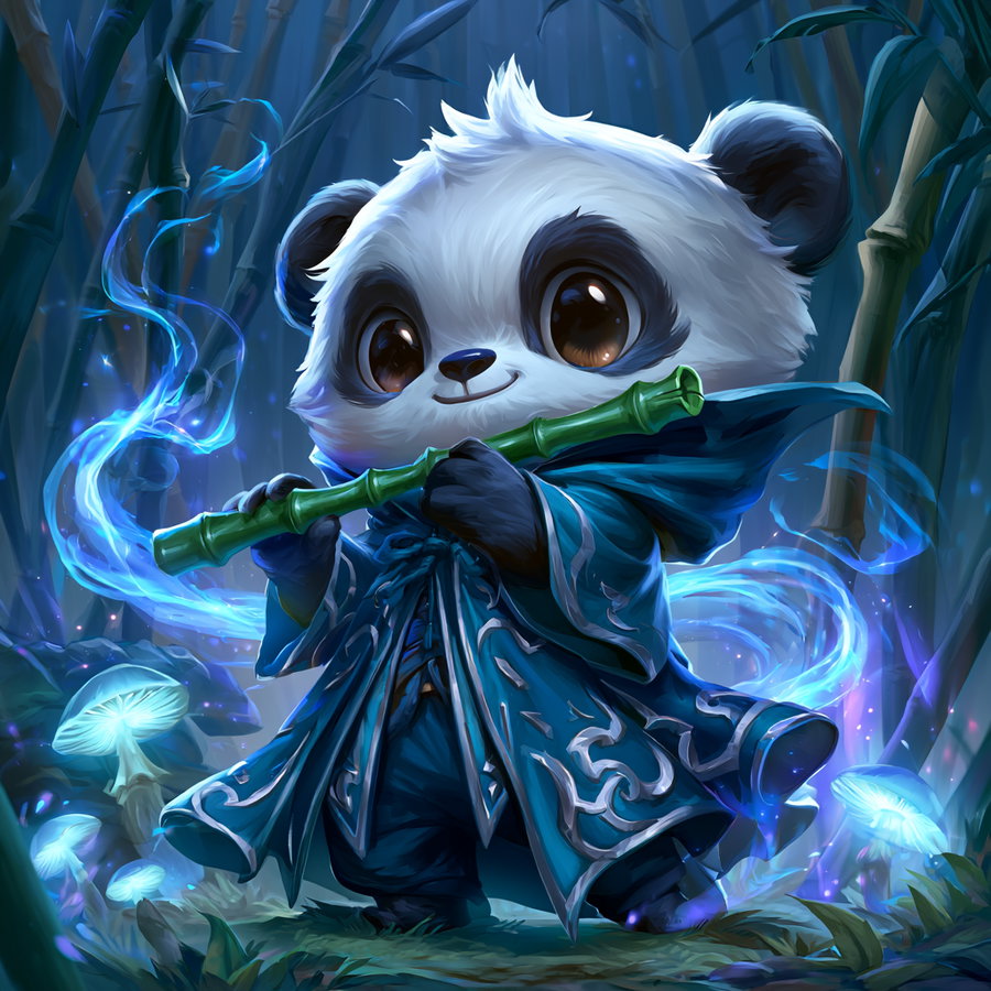 A cute panda dressed in elaborate blue fantasy robes, playing a bamboo flute surrounded by glowing mushrooms and mystical blue light in a dense bamboo forest