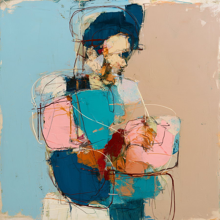 An abstract artwork showing a human figure with fragmented shapes in blue, pink, orange, and beige tones against a split background of pale blue and beige, with loosely drawn black and white lines outlining forms.