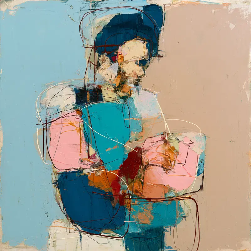 Abstract painting of a contemplative figure composed of vibrant geometric shapes and lines