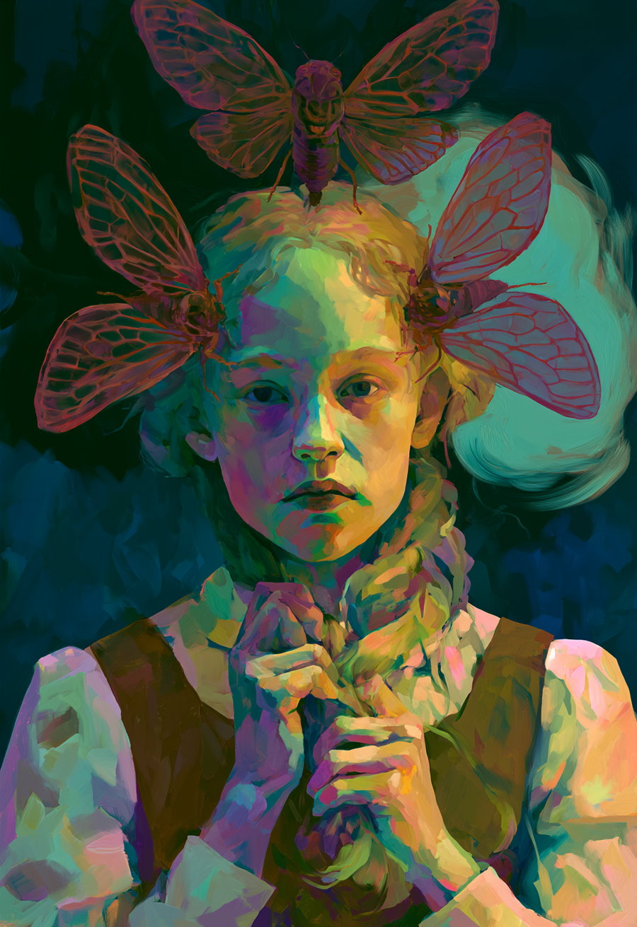 A painted portrait of a girl with blonde braided hair wearing a brown dress and white shirt, with large cicadas positioned around her head against a dark background