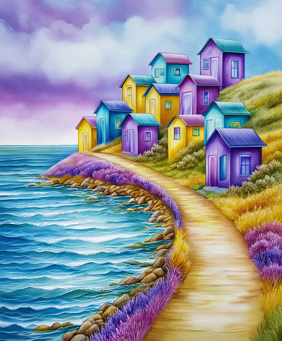 Digital painting of a cluster of colorful houses in purple, yellow, and blue on a grassy hillside overlooking a blue ocean. A winding path runs between the houses and along the shoreline bordered by purple and yellow flowers and rocks.