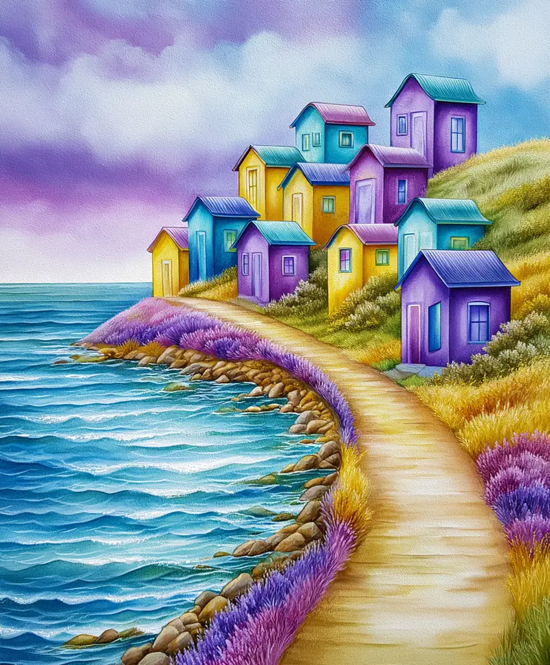 Colorful fantasy houses on a hillside by the ocean with a scenic path