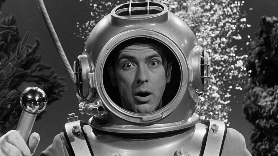 Black and white image of a man wearing an old-fashioned deep-sea diving helmet and suit with bubbles and underwater plants in the background