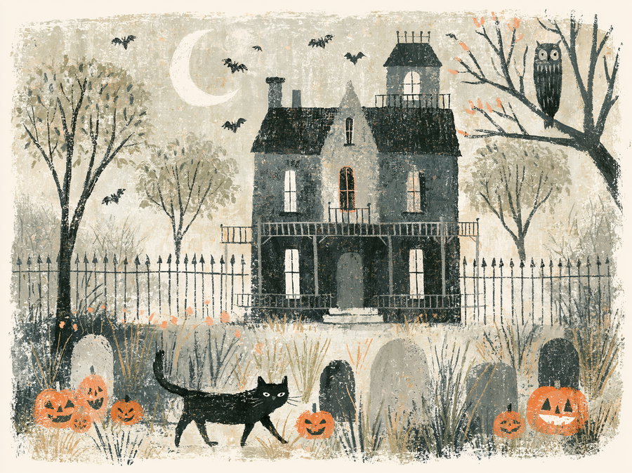Illustration of a dark haunted mansion with lit windows, surrounded by a fence, jack-o-lanterns, gravestones, bats flying around, a black cat walking, and a large owl perched on a bare tree branch at night
