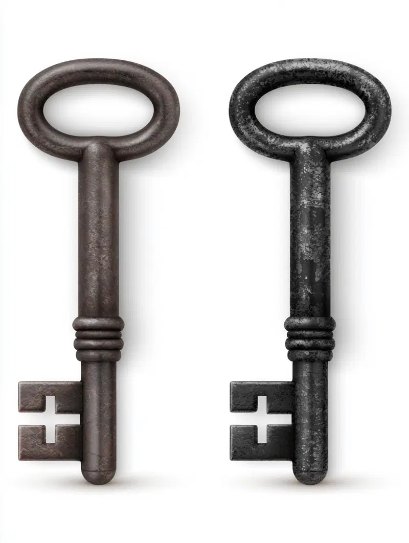 Close-up view of two vintage keys with textured metallic finishes on white