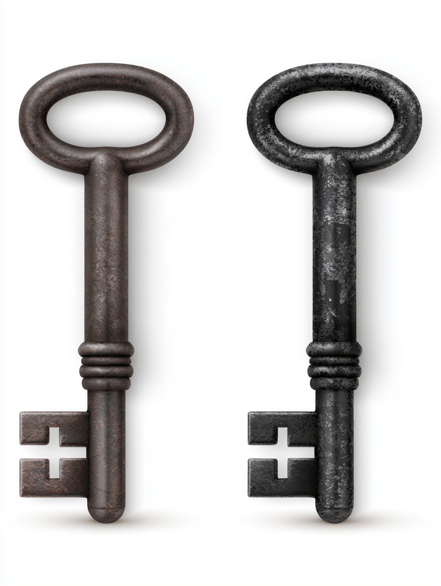 Two old-fashioned keys side by side, one brown and one black, both with round handles and patterned stems, placed on a white background