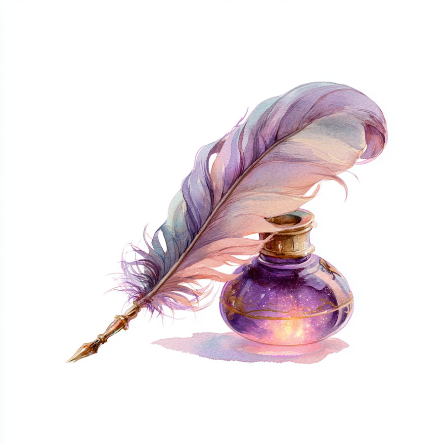 A detailed watercolor painting of a purple and pink feather quill with a golden nib resting against a round glass ink bottle with purple and gold tones, on a white background