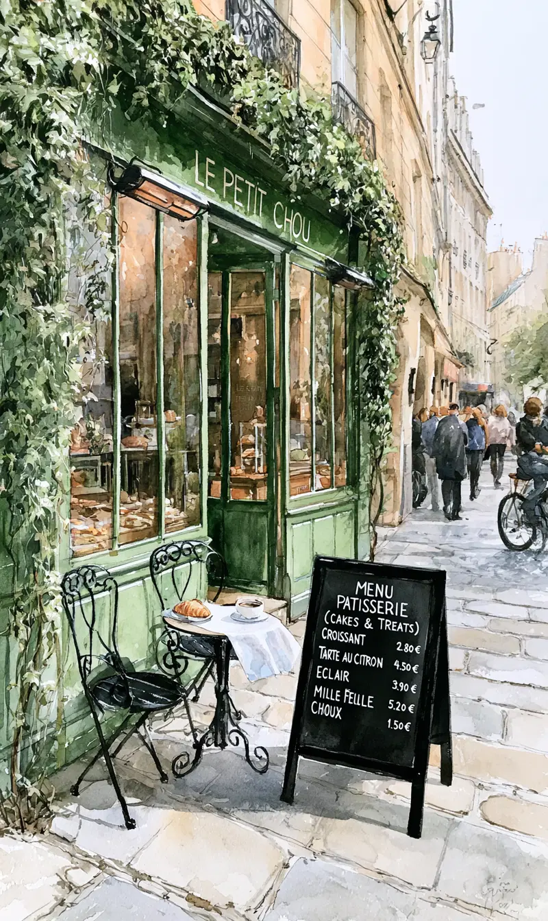 Charming green patisserie storefront on a cobblestone street with outdoor seating