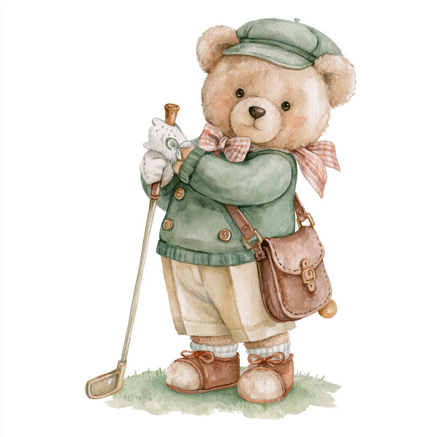 A watercolor painting of a teddy bear wearing a green cap and sweater, beige pants, a pink checkered bow tie, gloves, and brown shoes, holding a golf club and standing on grass