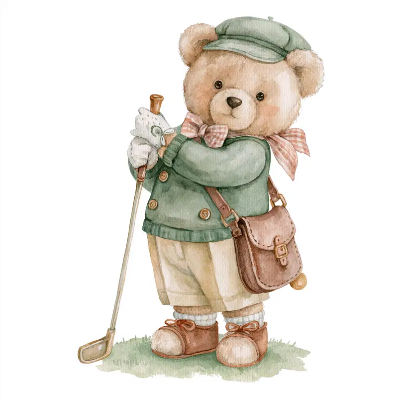 Watercolor illustration of a teddy bear golfer in vintage attire