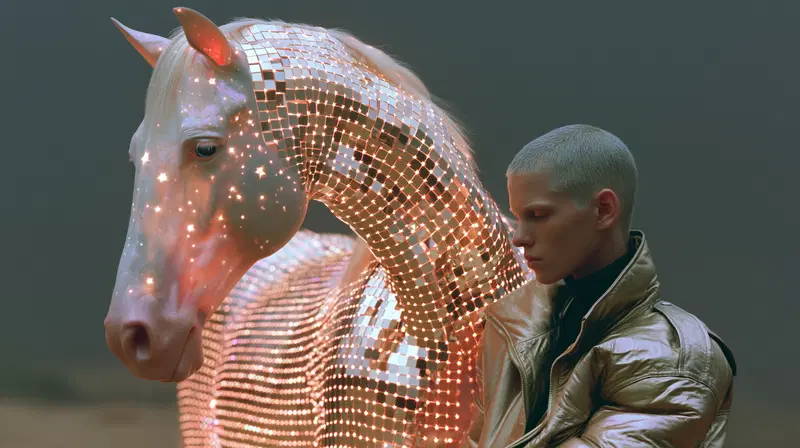 Person next to a surreal horse with starry and mirrored light body