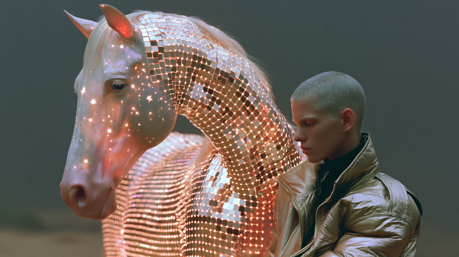 A person with short blonde hair and a metallic gold jacket leans close to a mythical horse. The horse's body is covered in small mirror tiles and glowing stars, creating an otherworldly effect.