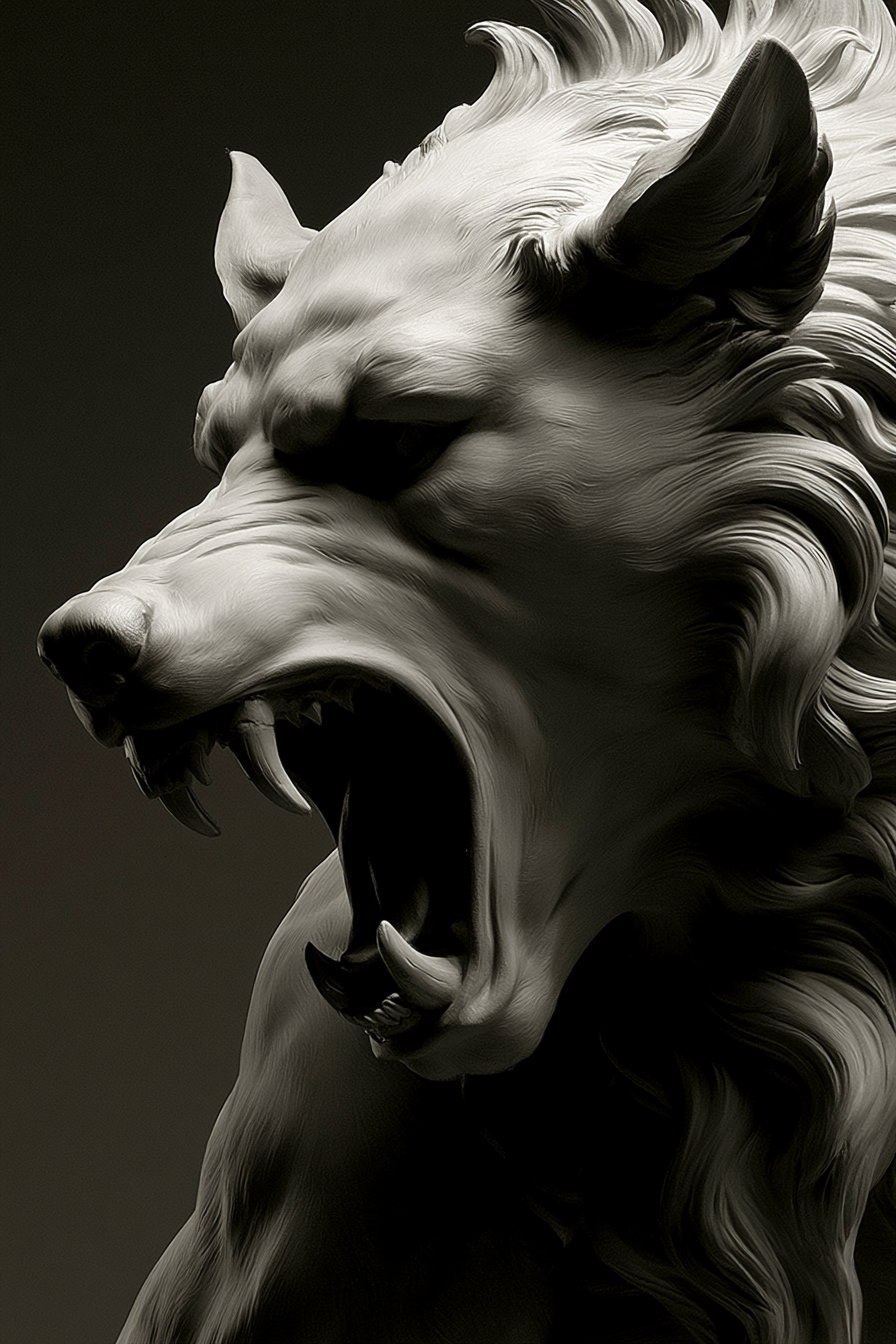 Close-up image of a detailed sculpture depicting a roaring wolf-like creature with sharp fangs, textured fur, and an intense expression against a dark background.