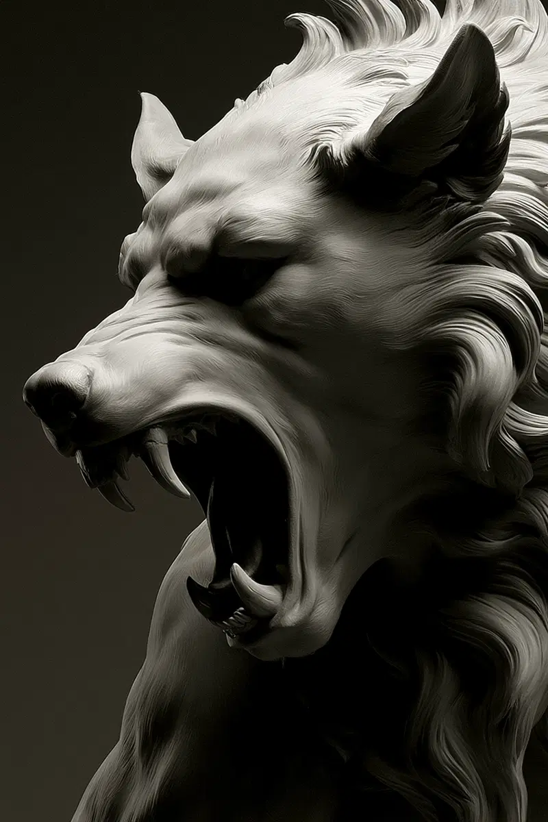 Highly detailed sculpture of a roaring mythical wolf-like creature with sharp fangs