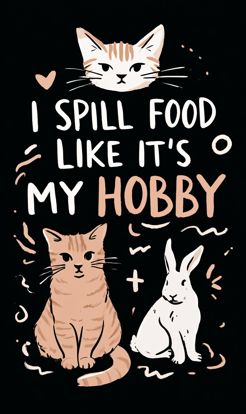 Illustration featuring two orange cats and one white rabbit surrounding the text I spill food like it's my hobby on a black background