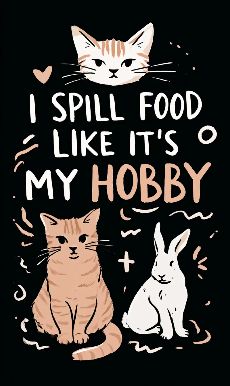 Cute illustrated cats and rabbit with food spilling phrase
