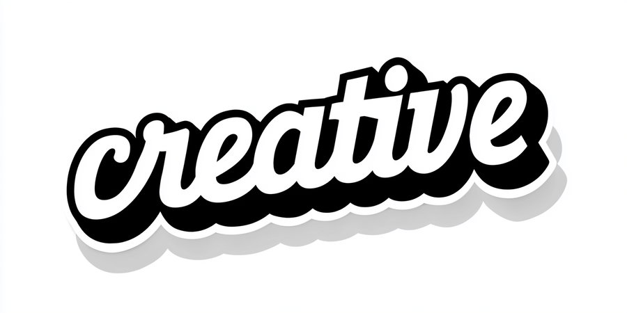 A stylized word creative in black bold cursive font with white contour and shadow on a white background