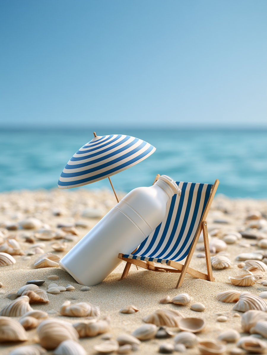 A sunscreen bottle leaning on a wooden beach chair with blue and white stripes, next to a matching small umbrella on a sandy beach scattered with seashells and the ocean in the background